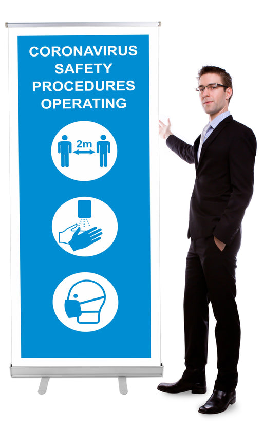 POP-UP BANNER - CORONAVIRUS SAFETY PROCEDURES OPERATING - COVID 19 SOCIAL DISTANCING SIGNS
