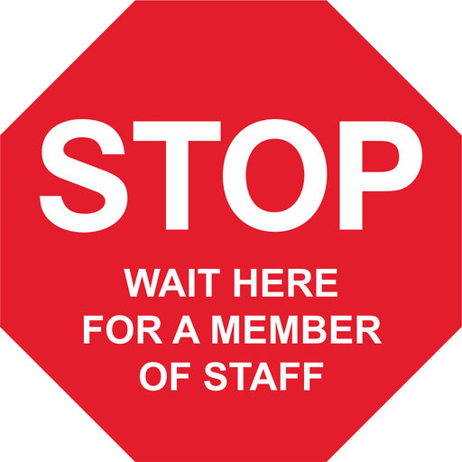 FLOOR STICKER - STOP WAIT HERE FOR A MEMBER OF STAFF - COVID 19 SOCIAL DISTANCING