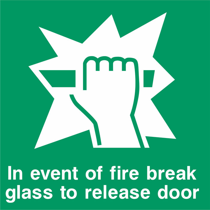 In event of fire break glass to release door