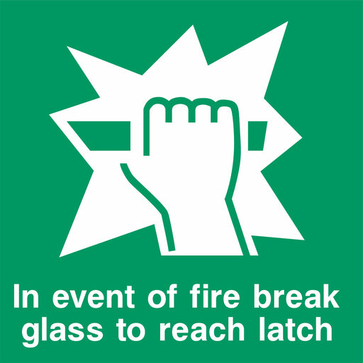 In event of fire break glass to reach latch